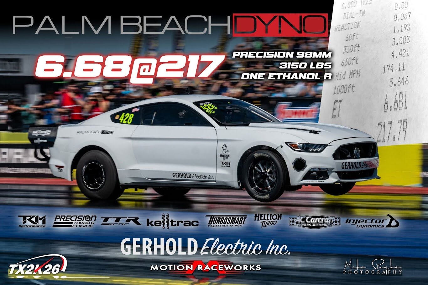 PBD-tuned Mustang launching at the drag strip, 6.68 at 217 mph