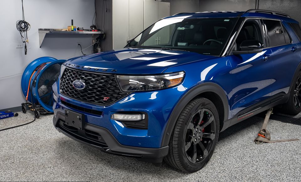 Blue Ford Explorer ST in the Palm Beach Dyno shop