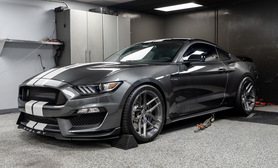 Gray Shelby GT350 with a Hellion twin-turbo build in the Palm Beach Dyno shop